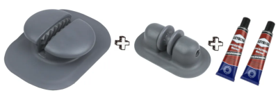 Комплект в составе:  1. Якорный рым предназначен для фиксации якорного фала на лодках ПВХ. Приклеивается к баллону лодки. Размеры: (ШхВхГ) = 200 мм х 45 мм х 150 мм. Диаметр фала: 6-12 мм. Цвет - серый. Количество в комплекте - 1 шт.  2. Якорный ролик (ро